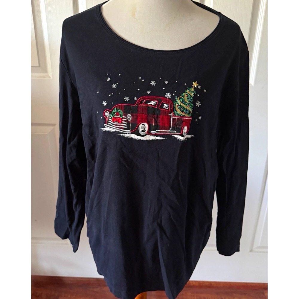 Christmas Truck Tree Top Womens 2X Black Plaid Holiday Rhinestone Karen Scott